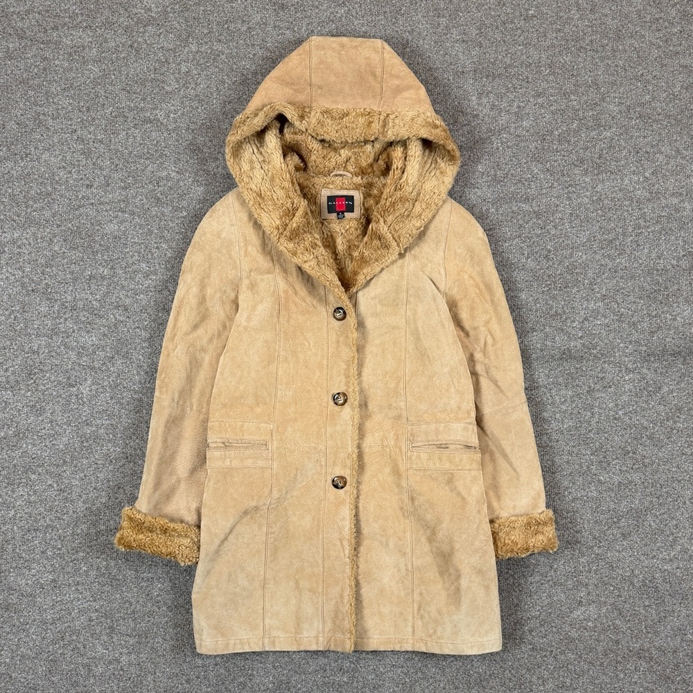 Gallery Tan Suede Leather Button Front Hooded Coat Women’s M Fur Trim Mid Length